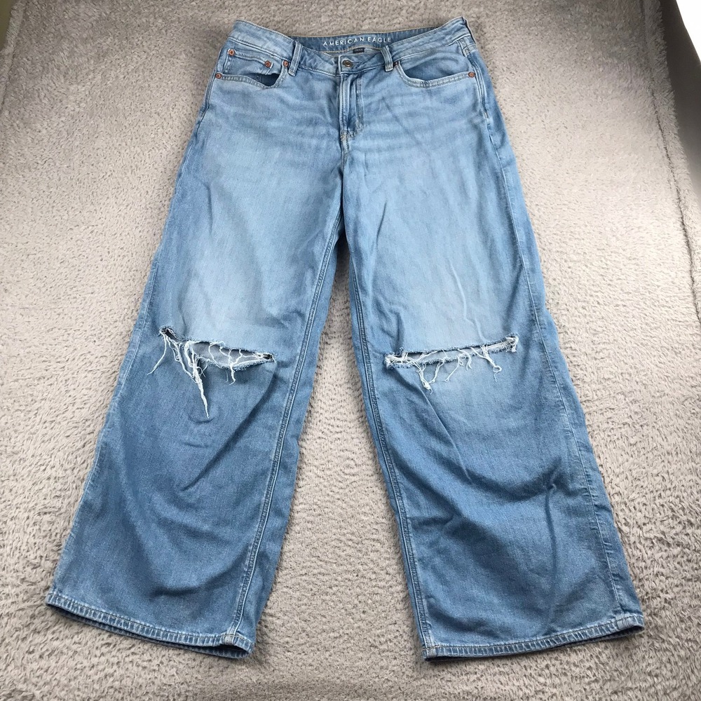 American Eagle Low Rise Baggy Wide Leg Jeans Womens 10 (33x29) Blue Distressed